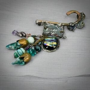 Cathleen McLain OOAK Brutalist Dangle Brooch Kilt Pin Artisan Glass 3.5"